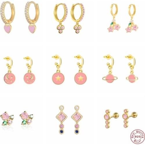 925 Sterling Silver Stud Earrings Cute Pink Crystal Star Love Heart Enamel Piercing Earring For Wedding Christmas Jewerly Gifts