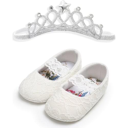 Crown headband Baby Shoes Flowers Newborn Baby Girl Baptism Shoes Flowers Princess First Walker Baby Girl Christening Shoes