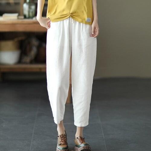 New Autumn Cotton Linen Pants Capri Women Loose Classic White Mid Waisted Pants for Women Solid Calf-length Pink Pencil Trousers