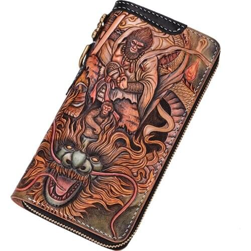 Genuine Leather Wallets Carving Great Sage Equalling Heaven Purses Men Long Clutch Vegetable Tanned Leather Wallet Card Holder