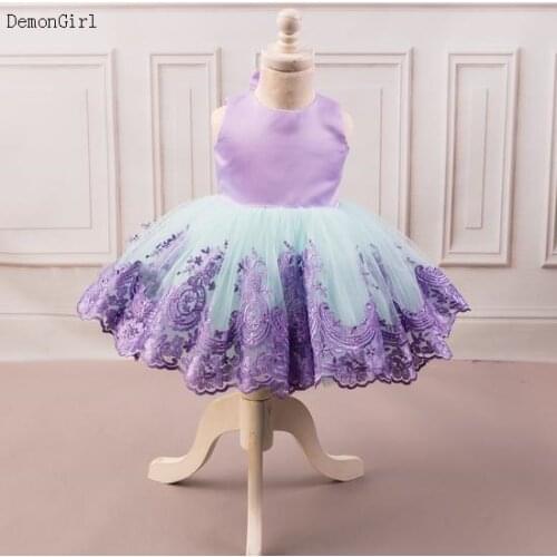 Baby Girls Birthday Dress Lace Applique with Bow 2 3 4 Year Baptism Gown Costume Children Birthday Party Ball Gown