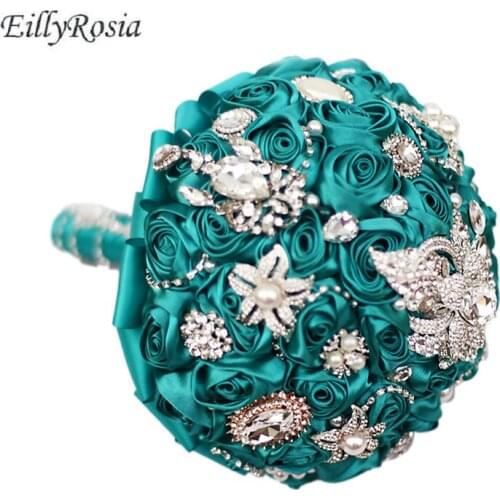 EillyRosia Unique Blue Brooch Bouquet Bride Crystals Jewelry Satin Rose Elegant Handmade Wedding Bouquet kwiaty sztuczne bukiety