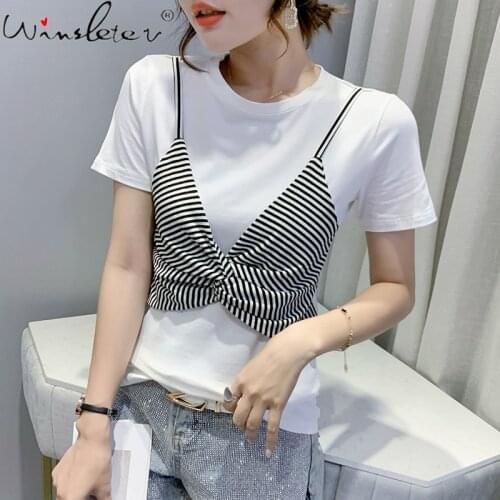Summer European Clothes Cotton T-Shirt Fashion Sexy Fake Two Pieces Stripe Fold Women Tops Short Sleeve Slim Tees 2021 T16703A