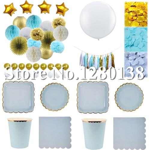 Blue Gold Tissue Paper Confetti Tassel Garland Paper Balls Party Balloons Dinner Paper Plates Cups Napkins for Wedding Shower