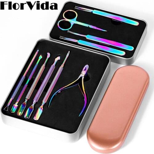 FlorVida Rainbow Manicure Tools Set Cuticle Scissor Stainless Steel Tweezer Clipper Nipper Nail Art Remover Dead Skin Pusher Kit