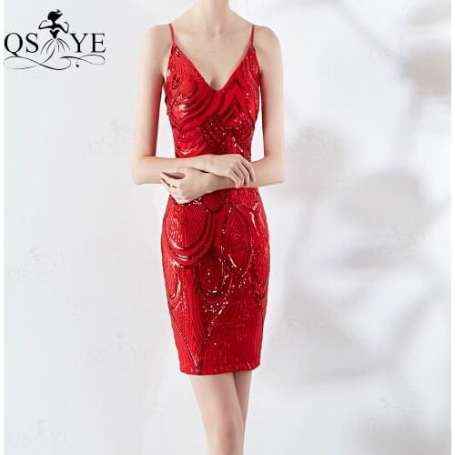 Red Sheath Prom Dresses 2021 Elastic Sequin Evening Gown V neck Spaghetti Straps Formal Gowns Red Short Party Gown