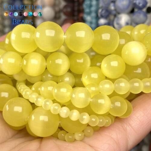 Natural Light Yellow Cat Eye Stone 4/6/8/10/12 MM Loose Round Beads For Jewelry Making DIY Bracelets Accessories Wholesale 15"