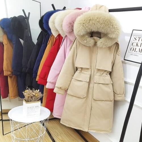 Large Natural Fox Fur Hooded Winter Jacket Women 90% White Duck Down Thick Long Parkas Warm Sash Tie Up Snow Coat