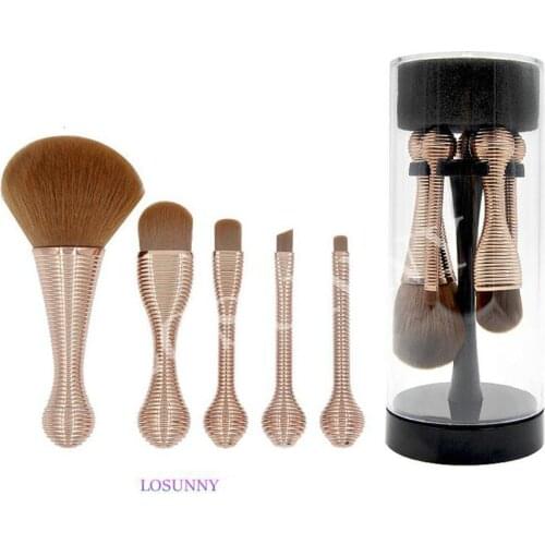 LOSUNNY 5 Pcs golden lollipop makeup brush set foundation transparent brush bucket portable beauty makeup tool Silver Handle