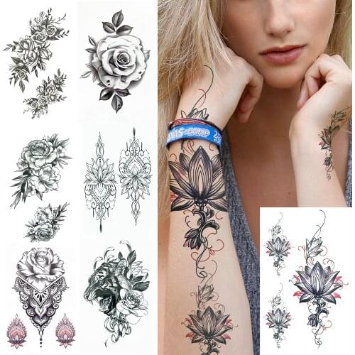 Minimalist Lotus Fake Temporary Tattoos For Women Girls Daisy Peony Flower Tattoo Tiger Bergamot Big Waterproof Waist Hand Tatoo