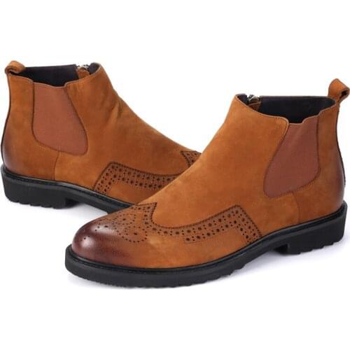 Winter New Fashion Low Heel Genuine Leather Zipper Mens Ankle Shoes Male Chelsea Boots Pointed Toe British Brogue Wing Tip Brand