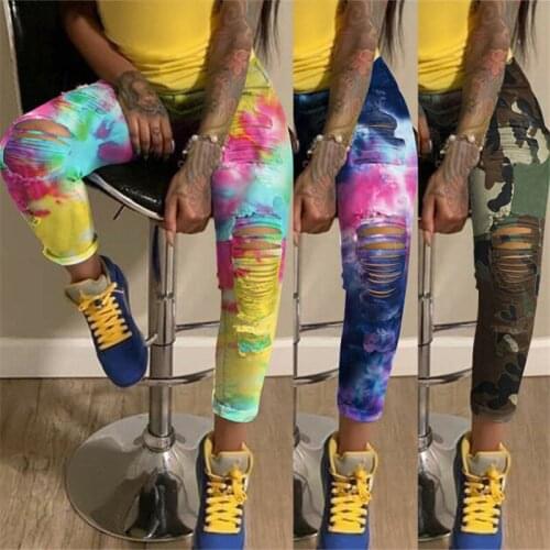 2020 New Arrival Womens Ripped Tie Dye Jeans High Waist Denim Pencil Pants Fashion Street Trendy Trousers S-3XL drop shipping