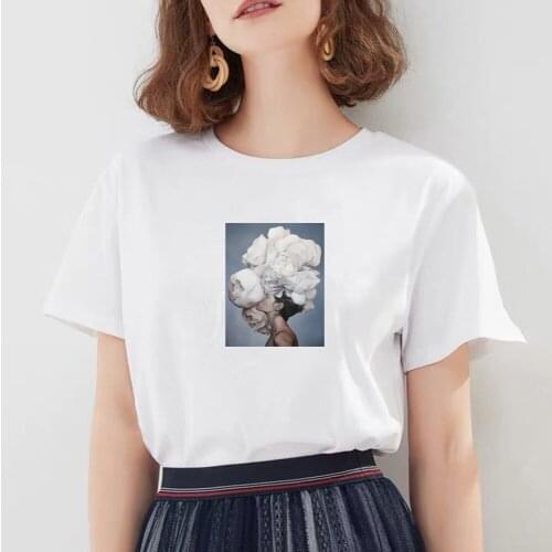 New Harajuku Aesthetics Tshirt Sexy Flowers Feather Print Womens T-shirts Short Sleeve Tops & Tees Fashion Casual Ladies Shirts