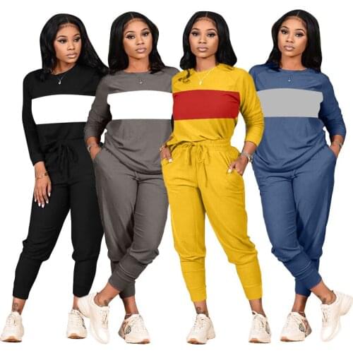 Color Black Patchwork Solid Tracksuit Women Lounge wear Sports Long Sleeve Top + Sweat Pants Slim Two Piece Set Jogging Femme