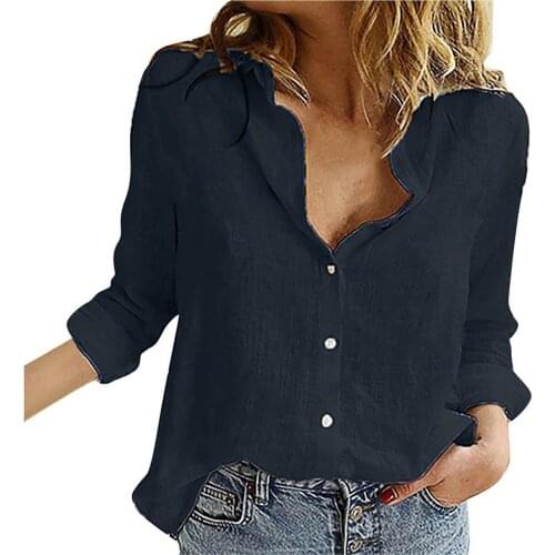 Casual Womens Tops And Blouses Womens Loose Linen Button Solid Lapel Long Sleeves Shirt Blouse Tops Blusas Mujer De Moda 2021