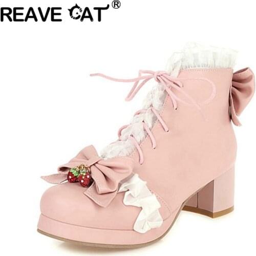 REAVE CAT Sweet Lolita Booties Autumn Winter Ankle Boots 6cm Heels Knot Lady Cosplay Beige Pink Wedding Party Girls Shoes