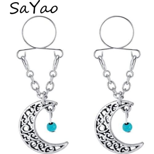 SaYao 2 Piece 2018 Moon Fake Nipple Rings Love Tassels Blue CIRCLE STAINLESS STEEL CLIP ON NON PIERCING NIPPLE SHIELD RINGS
