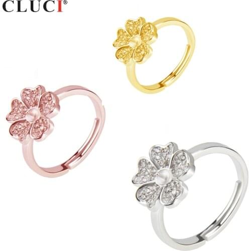 CLUCI 925 Silver Romantic Flower Open Ring Adjustable Pearl Ring Mounting Sterling Silver Rose Gold Flower Ring Jewelry SR2034SB