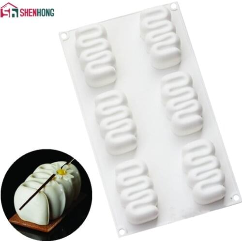 SHENHONG 6 Hole Curved Cream Silicone Cake Mold For Baking Mousse Chocolate Sponge Moulds Pans Valentines Day Decorating Mould