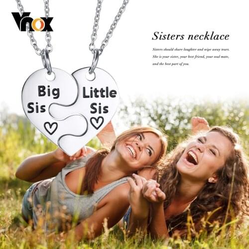 Vnox 2Pcs/set Heart Couple BFF Necklaces for Women,Anti Allergy Stainless Steel Big Little Sisters Family Love Gift Jewelry