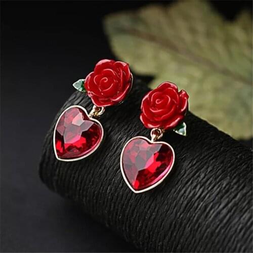 Red Heart Crystal Drop Earrings For Woman Rose Flower Green Leaf Vintage Earrings Wedding Earrings bridal Fashion Jewelry 2019