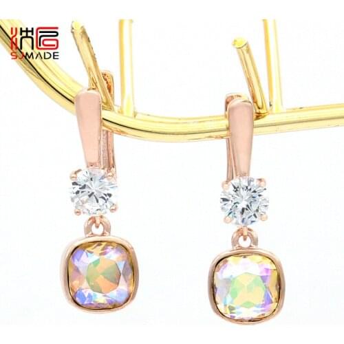 SJMADE Fashion Colorful Square Crystal Cubic Zirconia Dangle Earrings 585 Rose Gold For Women Girls Wedding Jewelry Elegant Gift