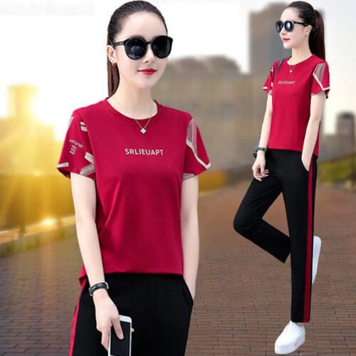 Summer 2021 Two Piece Set Korean New Large Size Loose Short Sleeved Round Neck Top Length Pants Suit Women Blue Red Black