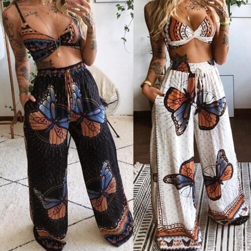 Women Summer Beach 2pcs Outfits Set Sexy V-Neck Crop Top and Wide Leg Palazzo Pants Bohemian Butterfly Print Loungewear
