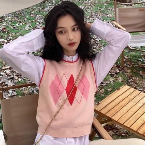 JUNWU Spring And Autumn Womens Pink Knit Round Neck Ribbed Print Tops Trim Design Sweet and Cute British Za College Style