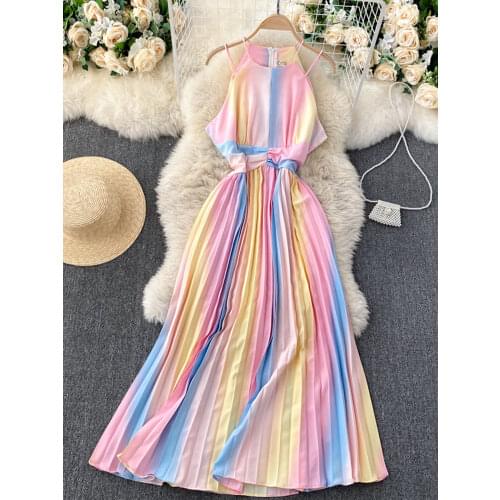 2021 Spring Temperament Vestidos Feminine Strapless Sling Square Collar Rainbow Gradient Color Slimming Holiday Midi Dress C361