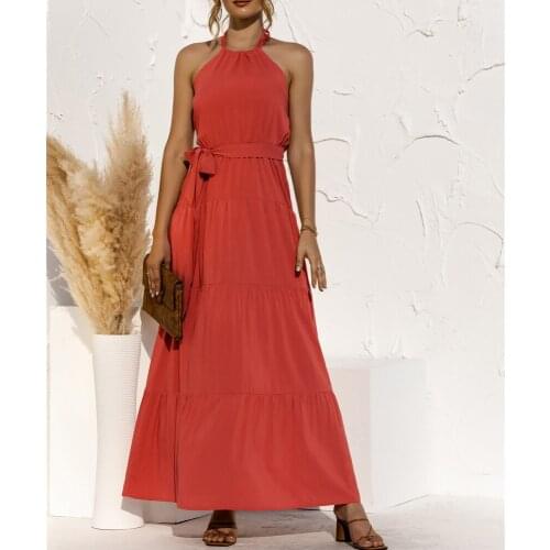 Red Evening Party Womens Maxi Dress Halter Lace-Up Summer Elegant Ruffles Sashes Cupcake Dresses 2021 New Fashion