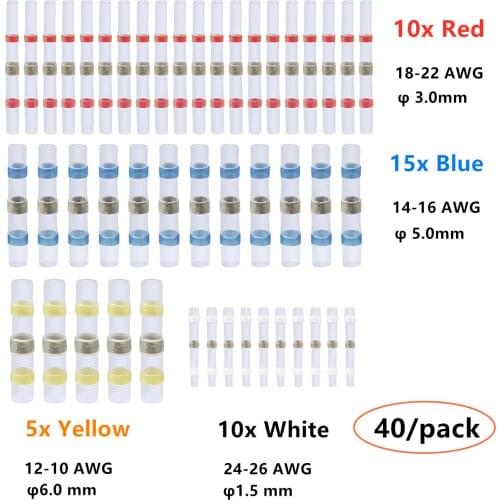 40Pcs Assortment Solder Seal Sleeve Heat Shrink Wire Crimp Terminals Connectors Waterproof 4 Size Kit