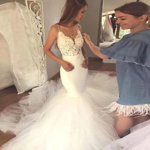 Angelsbridep V-Neck Mermaid Wedding Dress 2021 Vestido De Noiva Sexy Spaghetti Straps Appliques Tulle Formal Bride Dresses