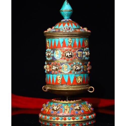 9" Tibet Buddhism Old Bronze Gem Dzi Bead Old prayer wheel Scripture Falun Buddhist instruments Ward off evil spirits Town House