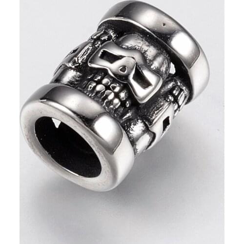 20pcs 316 Stainless Steel Beads Column with Skull Bead for jewelry making DIY Bracelet Necklace Accessories 13x10mm, Hole: 6mm