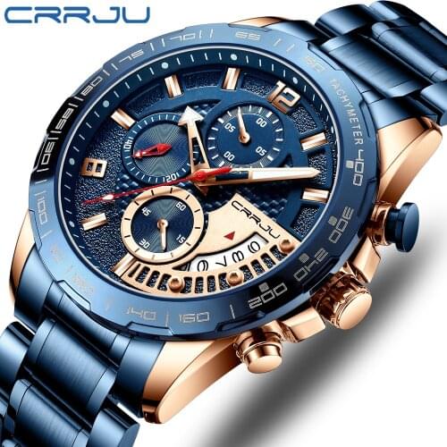 CRRJU Brand Mens Sport Watches Blue Full Steel Quartz Watch Men Date Week Waterproof Military Clock Relogio Masculino