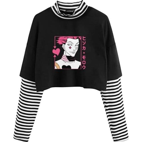 T-shirt Womens Cartoon Print Casual Top Tee Japanese Anime Hisoka Morow Stripe Patchwork Long Sleeve T-shirt