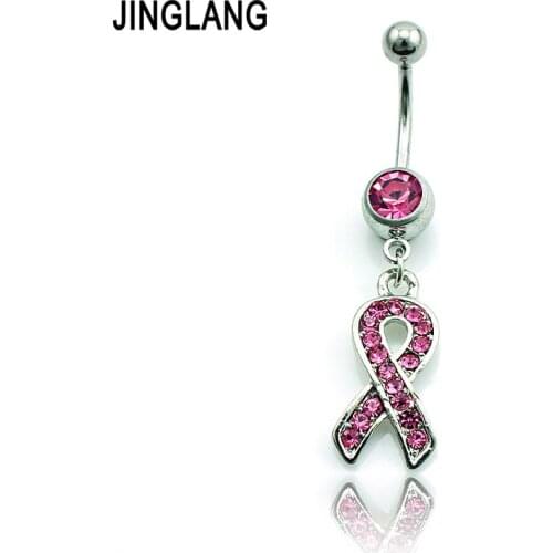JINGLANG Fashion Belly Button Rings Surgical Steel Barbell Dangle Pink Rhinestone Tie Navel Piercing Jewelry