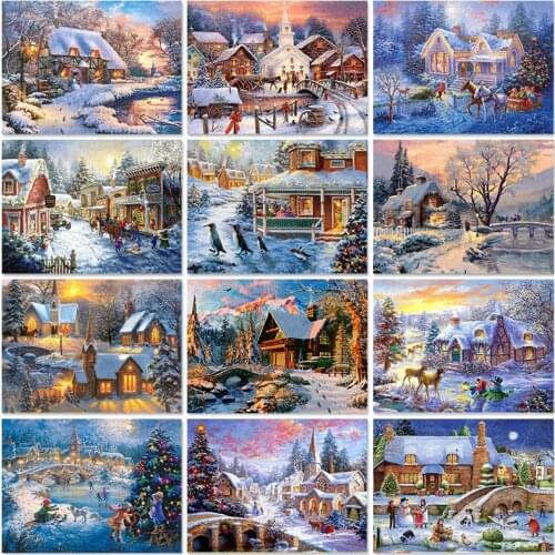 Full Drill 5D Diamond Embroidery House Diamond Painting Town Picture Of Rhinestones Mosaic Winter Scenic Cross Stitch Home Decor