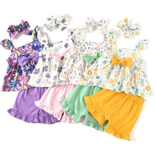 2 Pcs Baby Girl Clothes Summer Outfits Flower Print Fly Sleeves Square Collar Bowknot Tops + Solid Color Ruffle Shorts +Headband