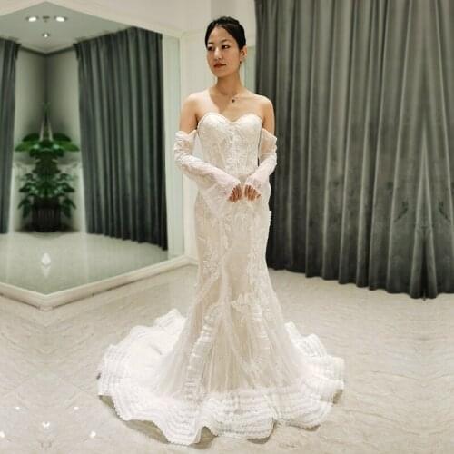 SL-8368 real picture sweetheart neck mermaid wedding dress 2022 lace beading long sleeve bridal gowns tulle wedding gowns