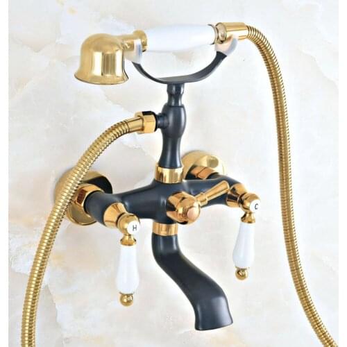 Gold & Black Oil Rubbed Brass Wall Mounted Bathroom Bath Tub Faucet Set with 1500MM Hand Held Shower Spray Mixer Tap 2na413