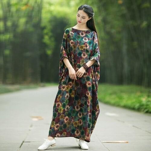 LZJN Spring Summer Long Maxi Dress Floral Women Dress Batwing Sleeve Cotton Gown Dress Plus Size Vestidos Robe Longues Ete