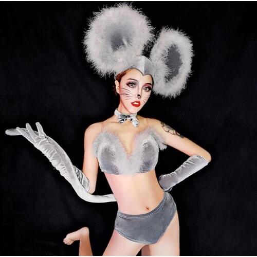 Gray Cute Mouse Suit Ensemble Femme Outfit Women DJ Rave Feather Bikini Headwear GoGo Dance Costume Sexy Nightclub Stage Wear