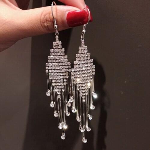 Fashion Long Geometric Drop Earrings Luxury Gold Silver Color Rectangle Rhinestone Earring for Women Party Jewelry Gift