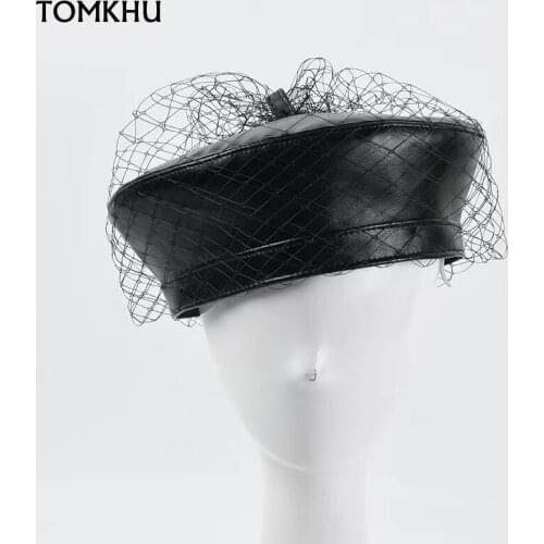 Fashion Retro Mesh PU Leather Beret For Women Spring Autumn New Black Hat Painter Hat High Quality Catwalk Custom Models Boina