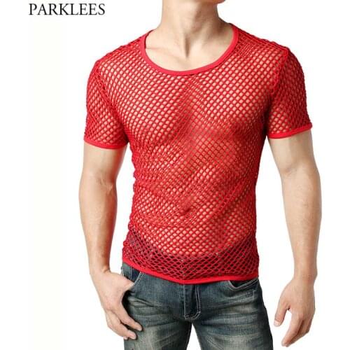 Mens Red Sexy Fishnet See Through T-shirt 2020 Fashion Short Sleeve Mesh Transparent Tshirt Men Hip Hop Hipster Tee Shirt Homme