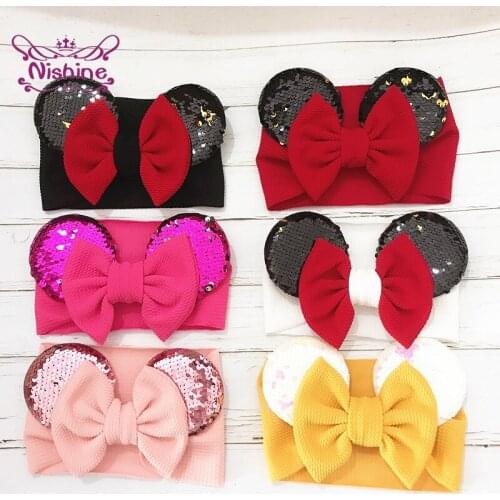 Nishine Fashion Sequins Cartoon Ears Bowknot Baby Hairband Cute Handmade Bows Elastic Headband Kid Accessories Photography Props