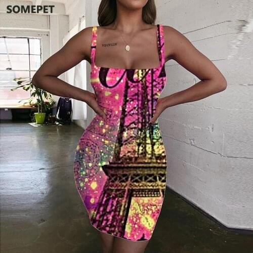 SOMEPET Colorful Dresses Women Paris Halter Sleeveless Art Bodycon Dress Womens Clothing Mini Evening Beach Boho High Quality