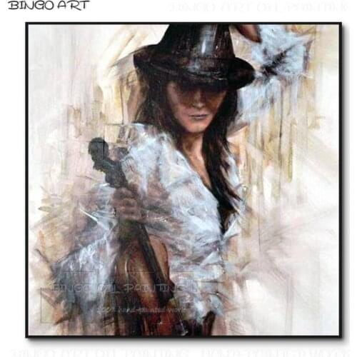 Hand-painted High Quality Impressionist Lady with Violin Oil Painting Beauty Handmade Artwork Musician Lady Figure Oil Painting